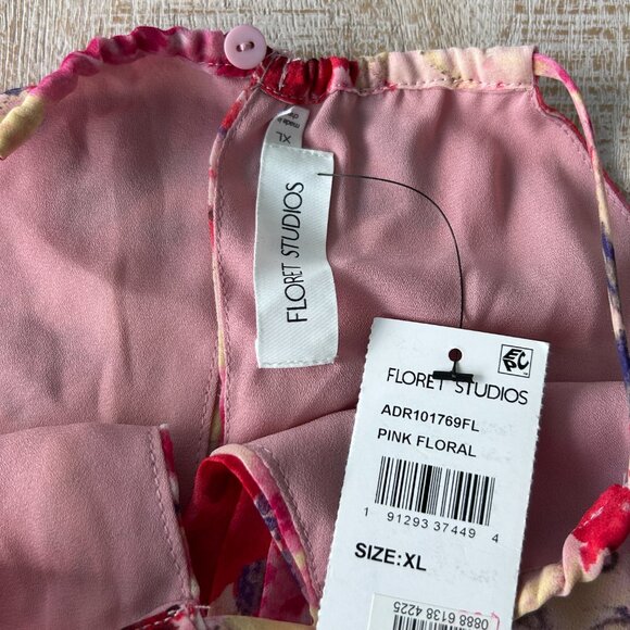 Floret Studios Floral Ruffle Waist Chiffon Dress Pink/Red/Beige Floral XL NWT - Picture 9 of 11